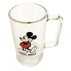 Vintage 1970’s Disney Mickey Mouse Heavy Clear Glass Mug Footed Bottom